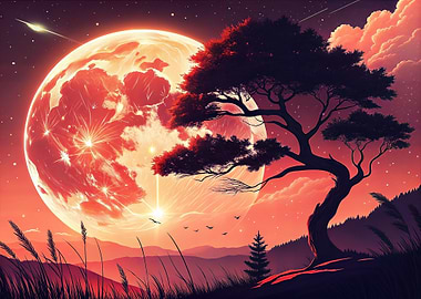 Red Moon Landscape with Silhouette Tree
