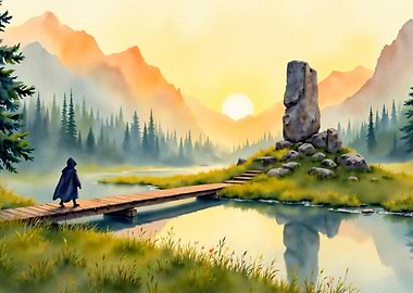 Watercolor Landscape with Figure on Bridge