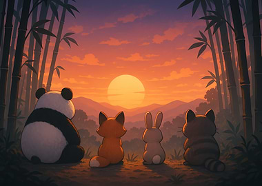 Animals watching sunset in bamboo forest