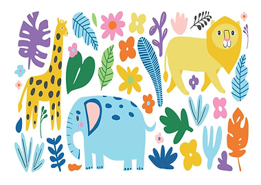 Cartoon Animals and Floral Pattern