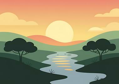 Serene Landscape with River and Sunset
