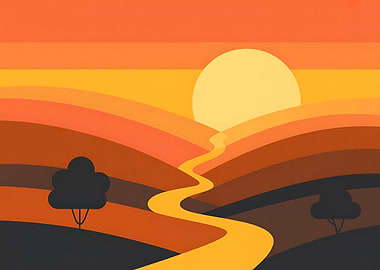 Minimalist Sunset Landscape with Winding Path