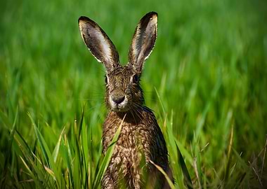 Alert Hare in Green Field