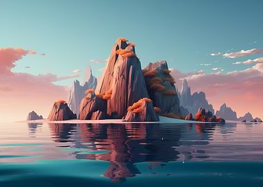Stylized Island Landscape with Water Reflection