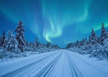 Aurora Borealis over Snowy Road