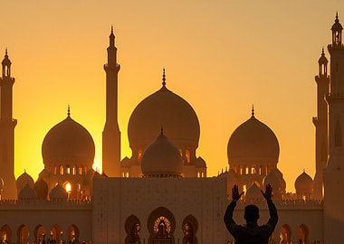 Mosque at Sunset with Praying Man