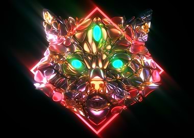Abstract Metallic Cat Head with Neon