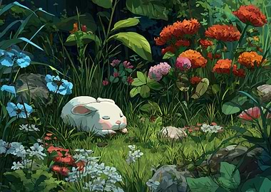 Sleeping Rabbit in a Flower Garden
