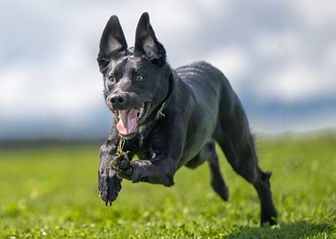 Energetic Black Dog Running in Field