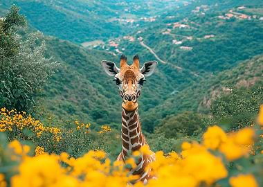 Giraffe in a field of flowers