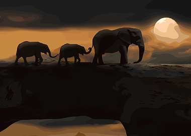 Elephant Family Silhouette at Sunset