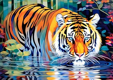 Tiger Drinking Water Colorful Painting