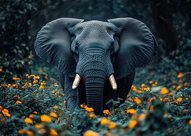 Elephant in a field of flowers