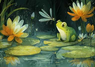 Frog and Dragonfly in a Pond