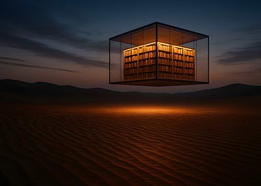 Levitating Glass Library at Twilight in Desert