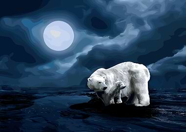 Polar Bear Family Under Moonlight