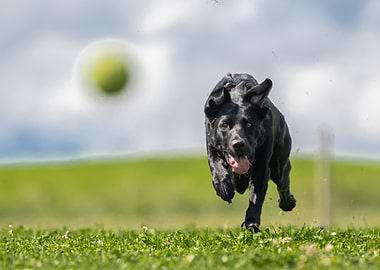Black Labrador Retriever Chasing Ball