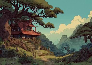 Japanese House in Mountain Landscape