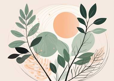 Botanical Illustration with Circle and Leaves