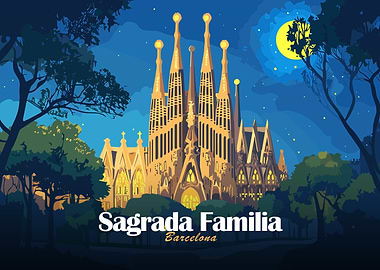 Sagrada Familia Barcelona Night Illustration