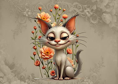 Cartoon Cat with Flowers