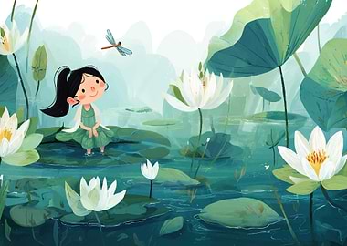 Girl in Lotus Pond Illustration
