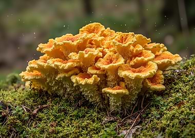 Bright Yellow Mushroom Cluster on Moss