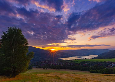 Sunset over a mountain lake, Beskidy, Poland