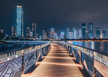 Night Cityscape with Illuminated Bridge