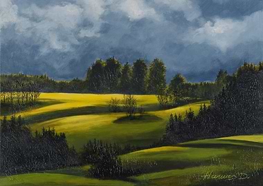 Green Field Landscape Painting
