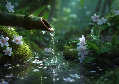 Bamboo Fountain in Lush Greenery