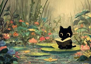 Black Cat Reading in the Rain