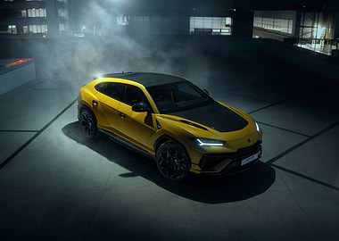 Yellow Lamborghini Urus SUV in Fog