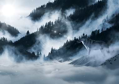 Wolf in Misty Mountain Landscape