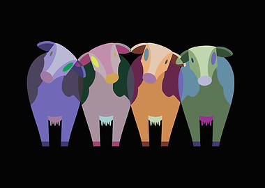 Colorful Abstract Cows on Black Background