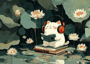 Cat reading book with headphones