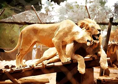 Two Lions on a Wooden Structure