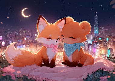 Cute Fox and Bear Cityscape