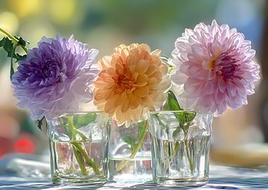Dahlia Flowers in Glass Vases