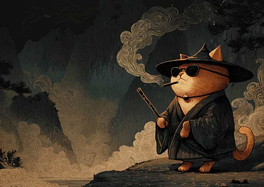 Cool Cat Samurai with Pipe