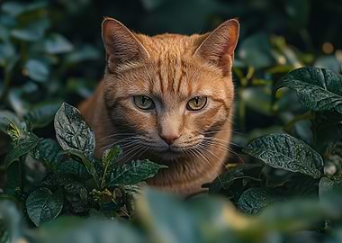 Orange Cat Portrait in Green Foliage