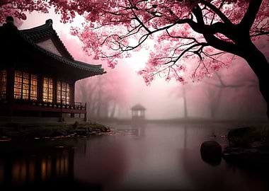 Japanese Temple with Cherry Blossoms