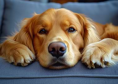 Golden Retriever Resting on Gray Couch
