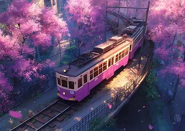 Pink Tram in Cherry Blossom Landscape