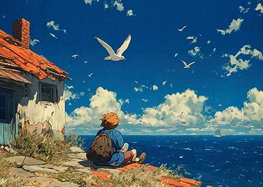 Seaside Contemplation with Seagulls and Ship