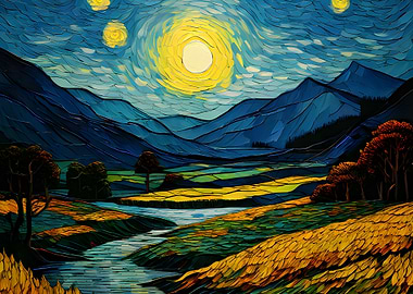 Impressionistic Landscape with River and Mountains