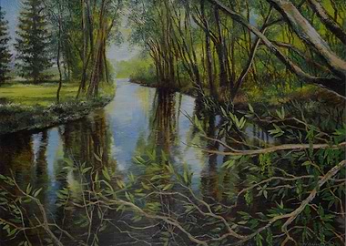 River Through Forest Painting
