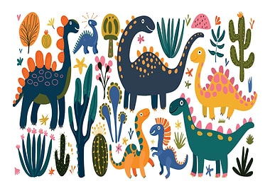 Cartoon Dinosaurs and Plants Illustration