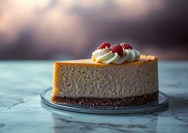 Cheesecake slice with raspberries and cream