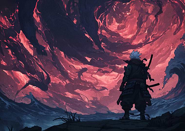 Samurai Stance Against Fiery Sky